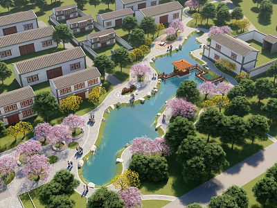 Chinese Style Residential Area With Traditional Houses Pond Pavilion Cherry Blossom Trees And Green Paths 3d model