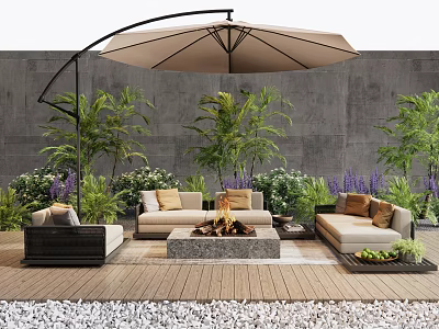 Outdoor Sofa With Large Umbrella Fire Pit Green Plants Purple Flowers On Wooden Deck 3d model