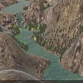 Natural Landscape With Serene River Flowing Through Towering Mountains And Lush Trees