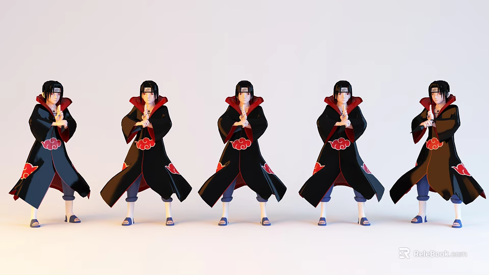 Anime Characters In Black Robes With Red Cloud Patterns Standing In Uniform Pose As Group 3d model 
