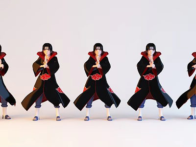 Anime Characters In Black Robes With Red Cloud Patterns Standing In Uniform Pose As Group 3d model