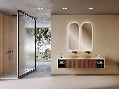 Modern Wall Mounted Bathroom Vanity With Double Sinks Round Backlit Mirrors And Wooden Trim 3d model