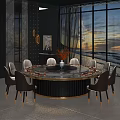Modern Round Marble Dining Table with Beige Chairs Lazy Susan Golden Legs and Flower Arrangement