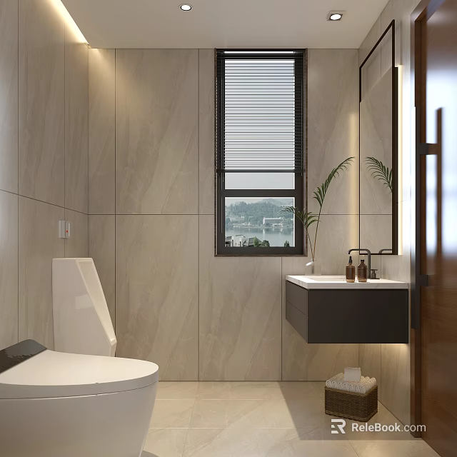 Modern Hotel Bathroom Interior with Tiled Walls Window Blinds Wall Mounted Sink and Plant 3d model 