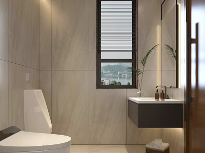 Modern Hotel Bathroom Interior with Tiled Walls Window Blinds Wall Mounted Sink and Plant 3d model