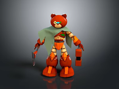 Red Bear Robotic Character with Green Cape and Orange Armor Features 3d model
