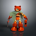 Red Bear Robotic Character with Green Cape and Orange Armor Features 3d model
