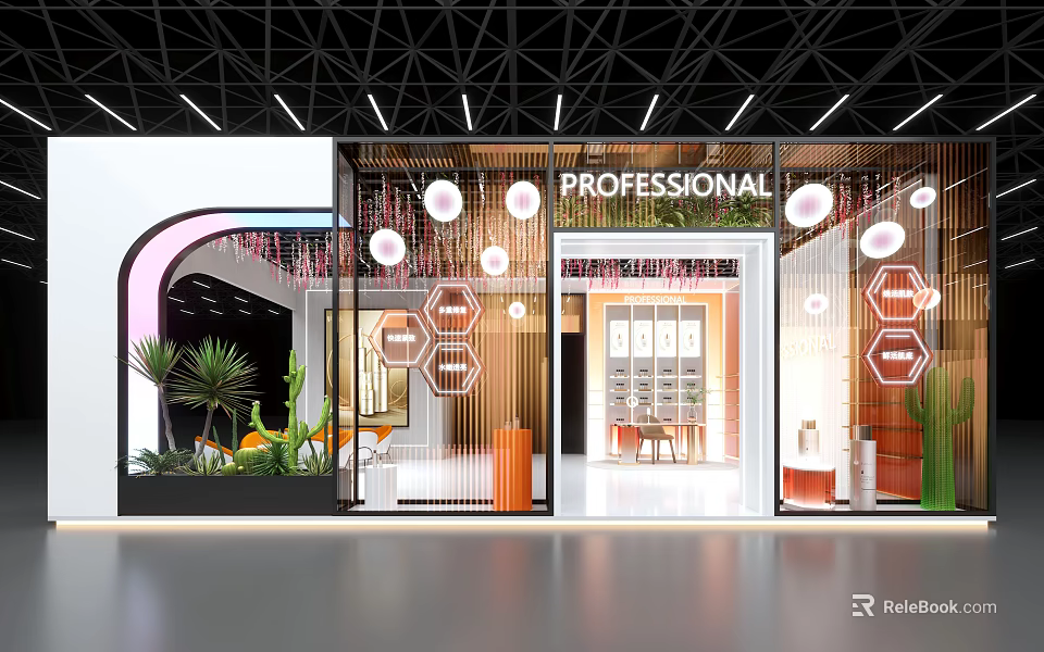 Modern Exhibition Booth Design With Glass Facade Green Plants And Professional Signage 3d model 
