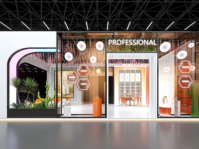 Modern Exhibition Booth Design With Glass Facade Green Plants And Professional Signage 3d model