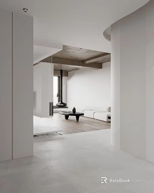 Minimalist Living Room With White Walls Wooden Floors Black Coffee Table White Sofa Concrete Ceiling 3d model