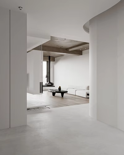 Minimalist Living Room With White Walls Wooden Floors Black Coffee Table White Sofa Concrete Ceiling 3d model