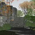 Traditional Garden Landscape With Stone Steps Orange Leaf Trees Green Bushes And Natural Rocks