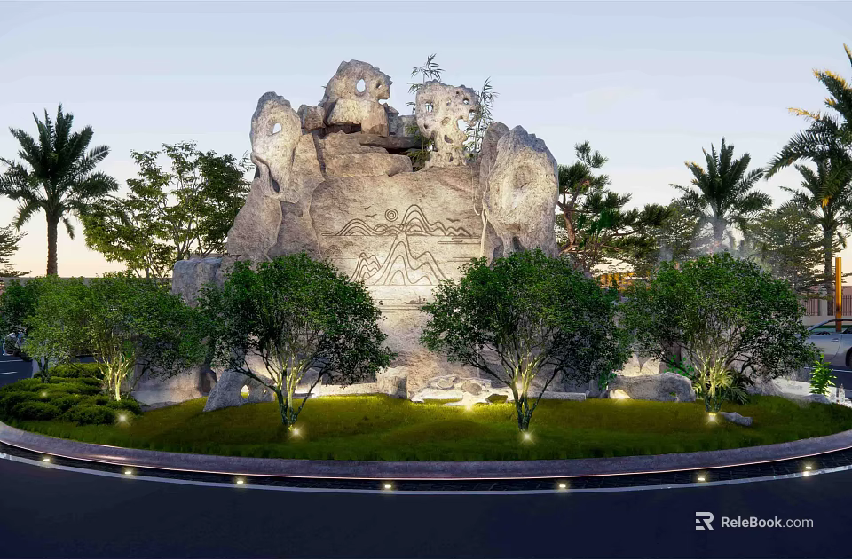 Large Stone Sculpture Landscape With Green Trees And Surrounding Lighting 3d model 