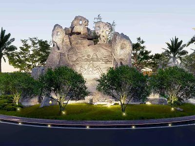 Large Stone Sculpture Landscape With Green Trees And Surrounding Lighting 3d model