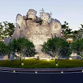 Large Stone Sculpture Landscape With Green Trees And Surrounding Lighting