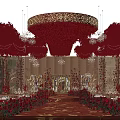 Elegant Banquet Hall Interior With Red Flower Decorations Chandeliers Golden Walls Stage And Carpet