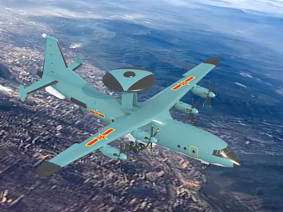 Light Blue Fighter Jet With Propellers And Top Radar Dome Flying Over City 3d model