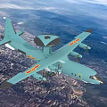 Light Blue Fighter Jet With Propellers And Top Radar Dome Flying Over City