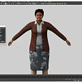 Woman In Brown Cardigan White Blouse And Blue Floral Skirt With Arms Outstretched