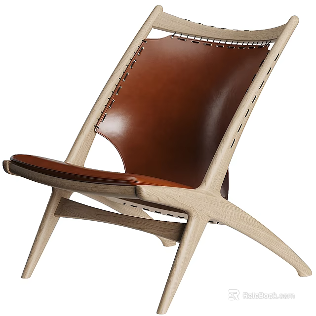 Modern Natural Solid Wood Frame Brown Genuine Leather Leisure Chair For Cozy Home Living Space 3d model 