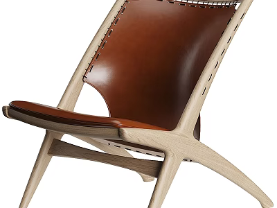 Modern Natural Solid Wood Frame Brown Genuine Leather Leisure Chair For Cozy Home Living Space 3d model