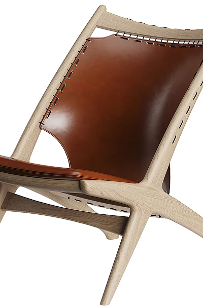 Modern Natural Solid Wood Frame Brown Genuine Leather Leisure Chair For Cozy Home Living Space 3d model