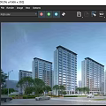 Multiple Modern High Rise Residential Buildings Along Tree Lined Street With Cars And Pedestrians