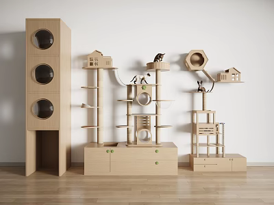 Wooden Cat Trees With Multi Level Design Cat On Top Small House Platforms And Ladders 3d model