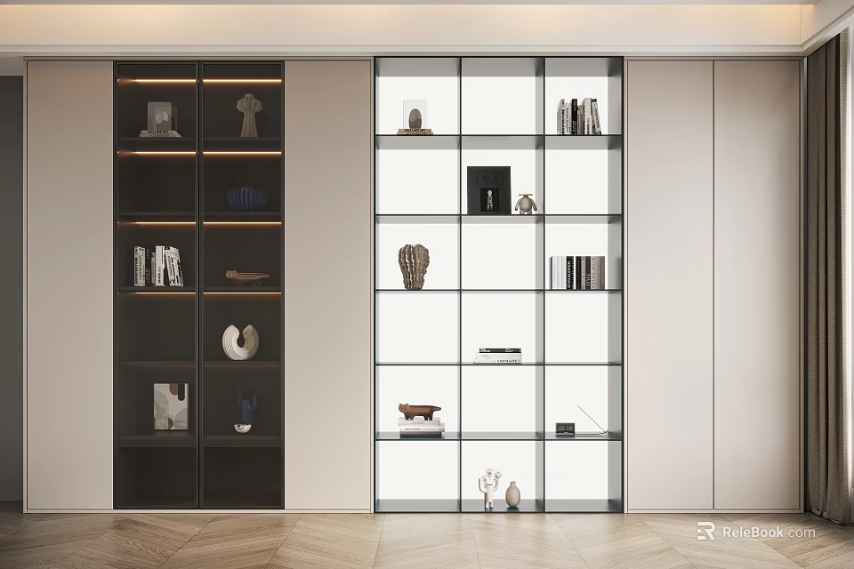 Modern Dark And White Bookcase With Glass Doors Open Shelves And Decorative Items 3d model 