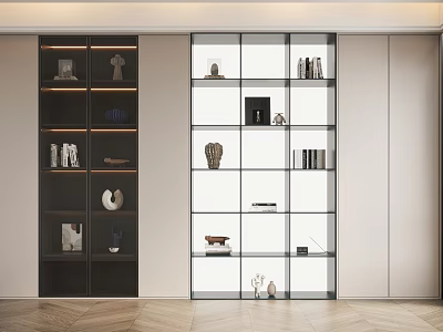 Modern Dark And White Bookcase With Glass Doors Open Shelves And Decorative Items 3d model