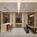 Luxury Wine Cellar Interior Design With Wooden Wine Racks Hanging Lights And Marble Bar