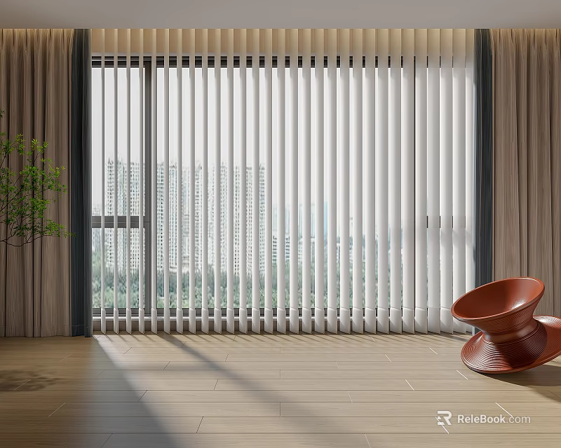 White Vertical Blinds In Modern Interior With City View Wooden Floor And Accent Chair 3d model 