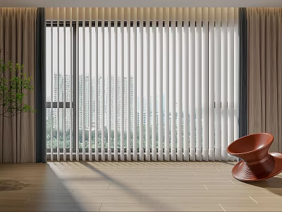 White Vertical Blinds In Modern Interior With City View Wooden Floor And Accent Chair 3d model