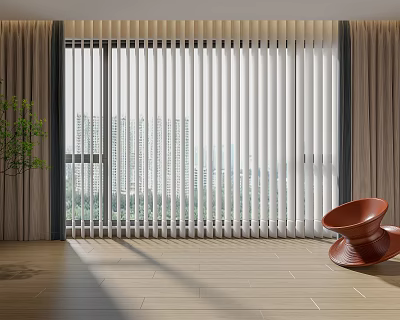 White Vertical Blinds In Modern Interior With City View Wooden Floor And Accent Chair 3d model