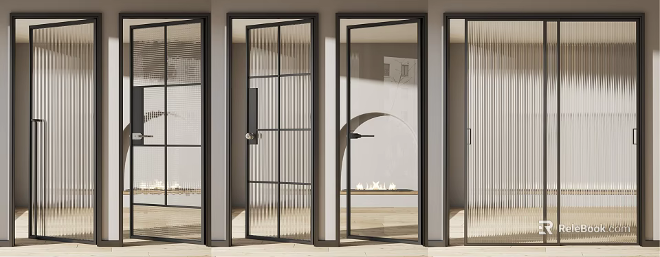 Modern Black Frame Hinged Doors With Striped And Grid Glass Design 3d model