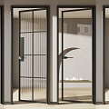 Modern Black Frame Hinged Doors With Striped And Grid Glass Design 3d model
