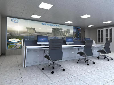 Monitoring Room Interior With Multiple Monitors Workstation Desks And Office Chairs 3d model