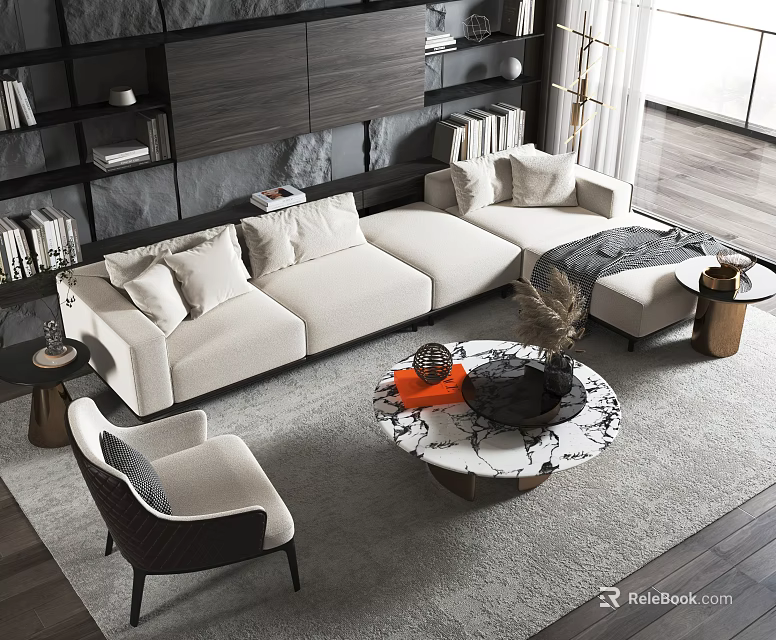 Modern Beige L shaped Sofa with Plush Cushions and Marble Coffee Table Set in Living Room 3d model 