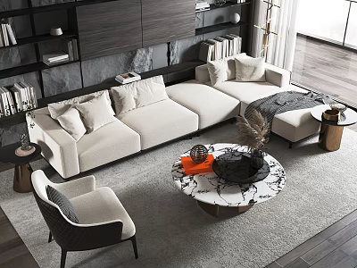 Modern Beige L shaped Sofa with Plush Cushions and Marble Coffee Table Set in Living Room 3d model