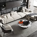 Modern Beige L shaped Sofa with Plush Cushions and Marble Coffee Table Set in Living Room