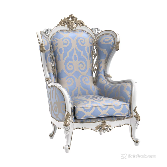 Classic European Style Accent Chair With Blue And Gold Patterned Upholstery And Ornate Carved Details 3d model 