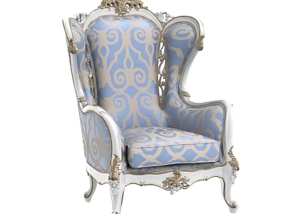 Classic European Style Accent Chair With Blue And Gold Patterned Upholstery And Ornate Carved Details 3d model