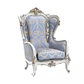 Classic European Style Accent Chair With Blue And Gold Patterned Upholstery And Ornate Carved Details
