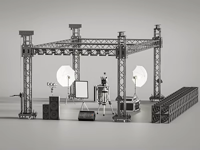 Commercial Stage Equipment Setup with Metal Truss Lighting Sound System Camera and Cases 3d model