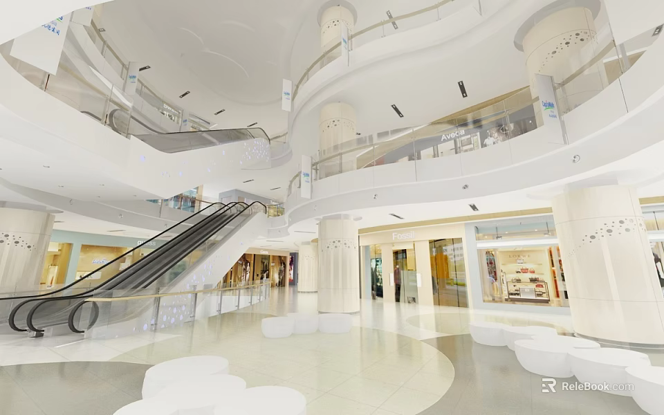Spacious Modern Shopping Mall Lobby Interior With Escalator White Columns Round Seats And Glass Railings 3d model 