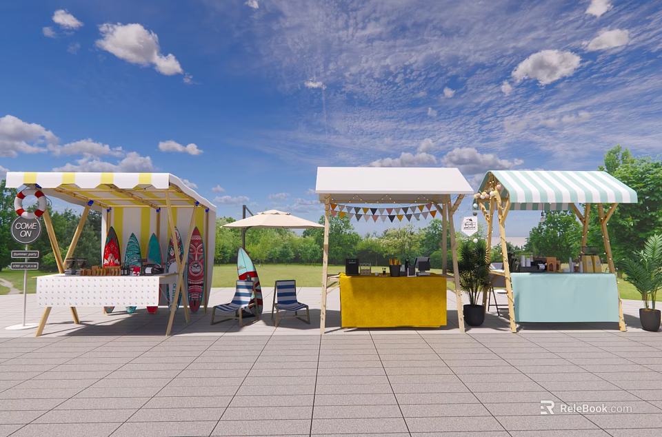 Colorful Outdoor Stalls With Yellow Blue Striped Canopies Under Blue Sky White Clouds Green Trees 3d model 