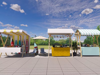 Colorful Outdoor Stalls With Yellow Blue Striped Canopies Under Blue Sky White Clouds Green Trees 3d model