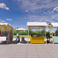 Colorful Outdoor Stalls With Yellow Blue Striped Canopies Under Blue Sky White Clouds Green Trees