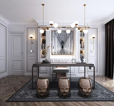 Elegant Luxury Study Room Interior With Wooden Desk Bookshelves And Artwork Decor 3d model