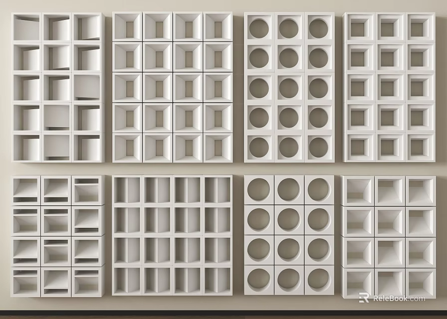 White Grid Shelves With Various Square And Circular Cutout Designs For Storage 3d model